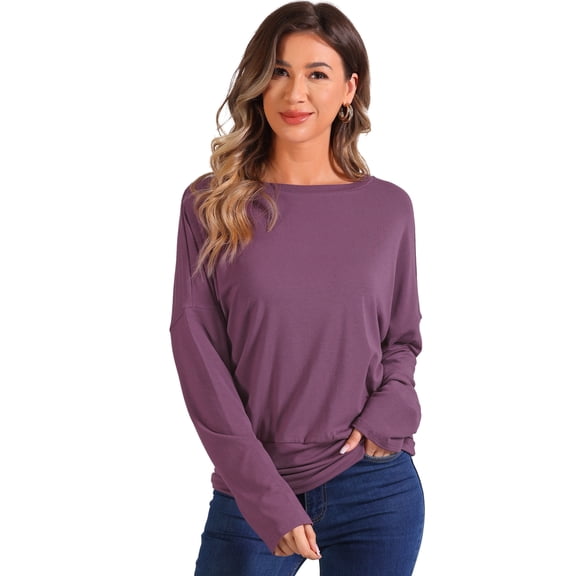 DARING DIVA Women's Casual Long Sleeve Knit Drop Shoulder Loose Blouses XS Plum Purple