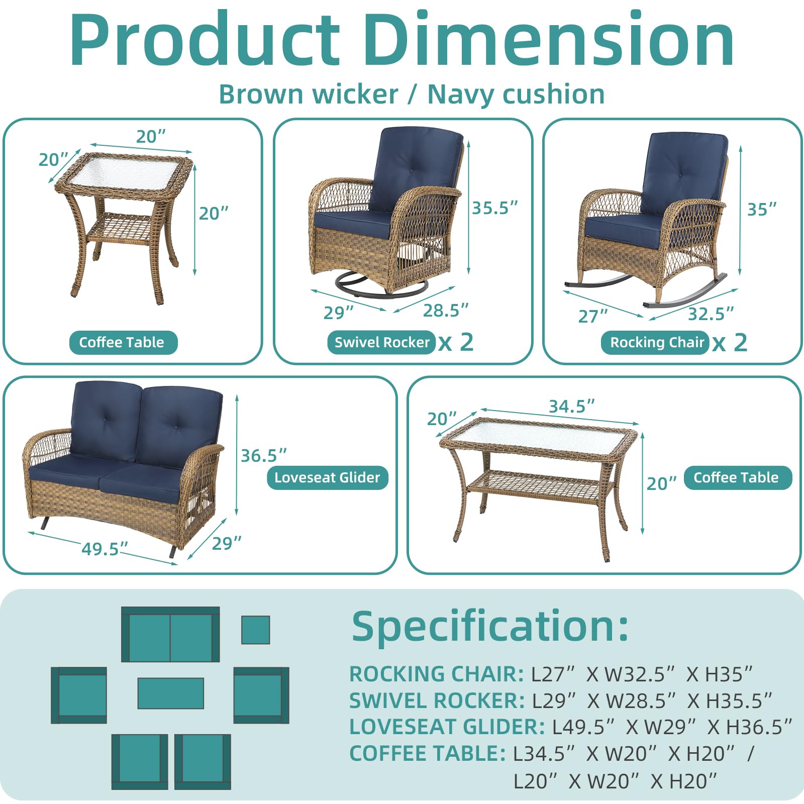 MEETWARM 7 Pieces Outdoor Patio Rattan Furniture Sets, All Weather Patio Wicker Conversation Set- 2 Rocking Chairs, 2 Swivel Chairs, 1 Loveseat Glider w/Cushions, 2 Glass-Top Coffee Table, Navy Blue