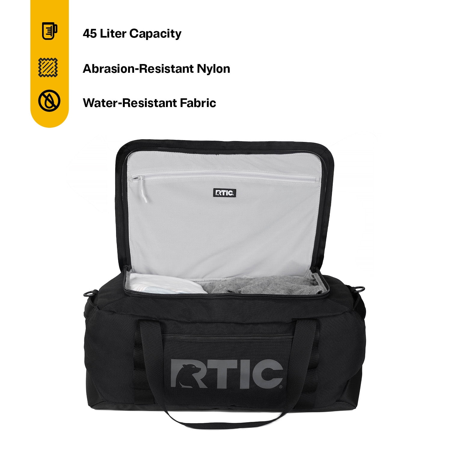 RTIC Road Trip Duffle Bag, Medium, Water Resistant, Durable Fabric, Black