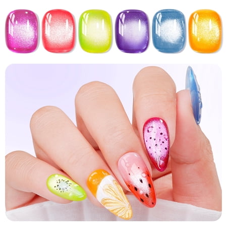 Gellen Neon Cat Eye Gel Nail Polish Set, 6Colors Purple Pink Green Blue Orange Shimmer Holographic Magnetic, 10ML UV Gel Polish Kit at Home