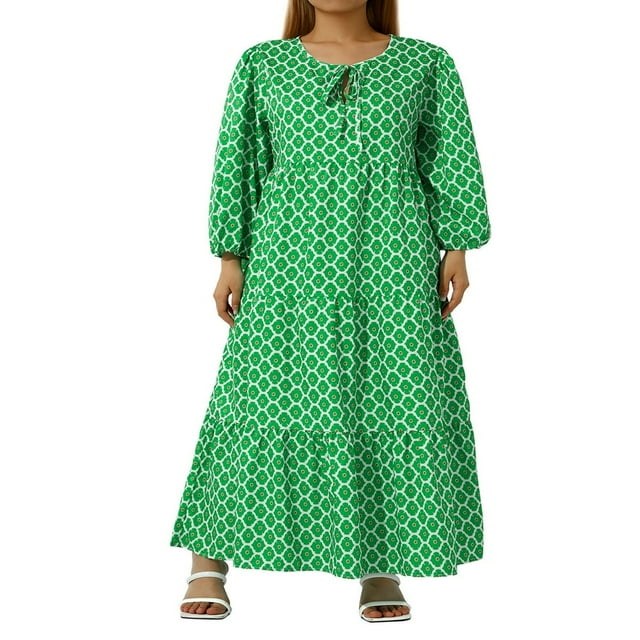 Robe Longue Bohème à Imprimé Géométrique pour Femmes, Col en V, Manches Longues Bouffantes, Robe Ample à Volants pour l'Été, Orange m