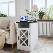 End Table with Charging Station, 15.4'' Rustic Nightstand with Barn Door & Adjustable Shelf, Wooden Sofa Side Table with 3-Tier Storage for Living Room, Bedroom, White