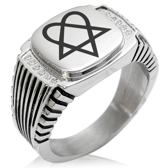Tioneer Stainless Steel Heartagram CZ Ribbed Needle Stripe Pattern Biker Style Polished Ring