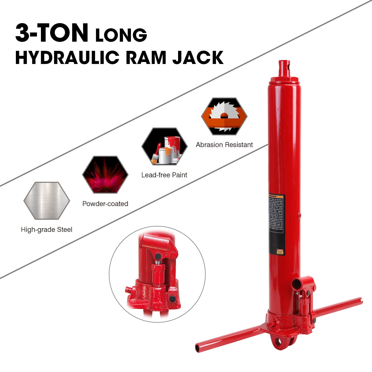 BIG RED 3 Ton Hydraulic Long Ram Jack with Single Piston Pump and Clevis Base Fits Garage/Shop Cranes, Engine Hoists,Red,W3036