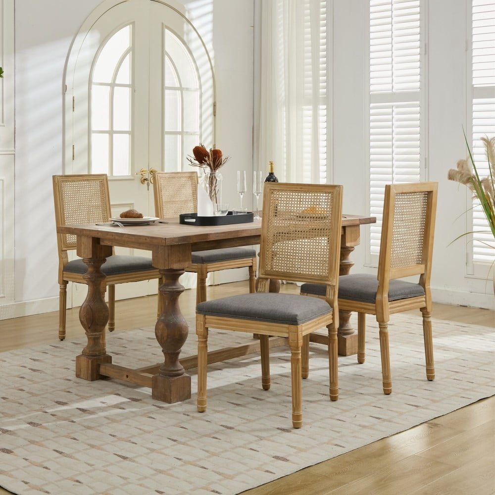 French Dining Chairs Set of 2, Louis Style Chairs with Square Rattan Backrest, Carved Solid Wood Frame, Linen Upholstered Seat, Gray