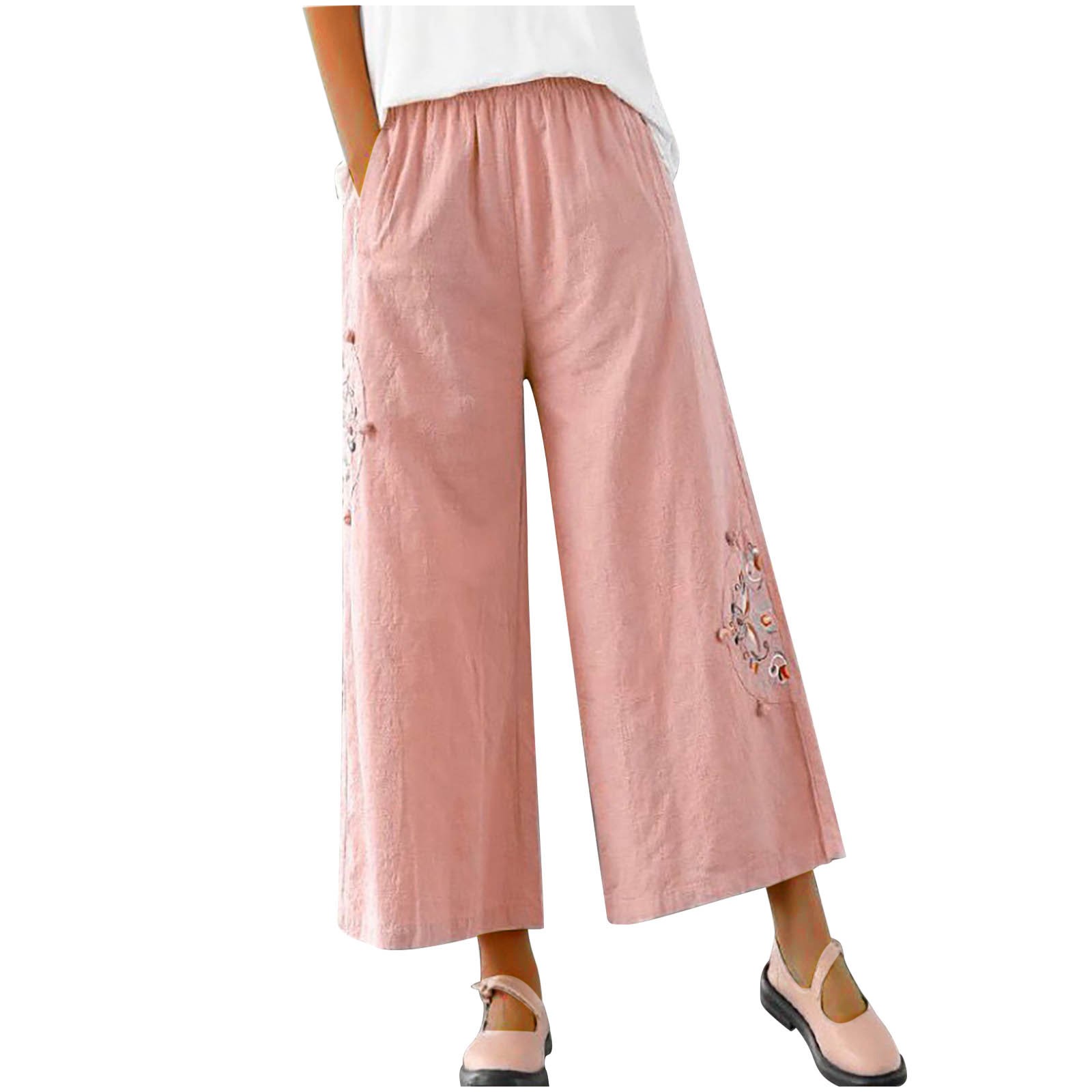 Augper Pants For Women Casual Summer Elastic High Waist Linen Pant Pockets Cropped Trouser 9081