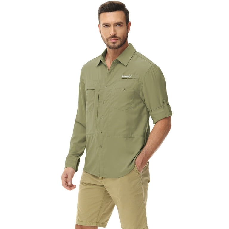 Pdbokew Men's Sun Protection Fishing Shirts Long Sleeve Travel Work Shirts for Men UPF50+ Button Down Shirts with Zipper Pockets Grayish Green L, Size