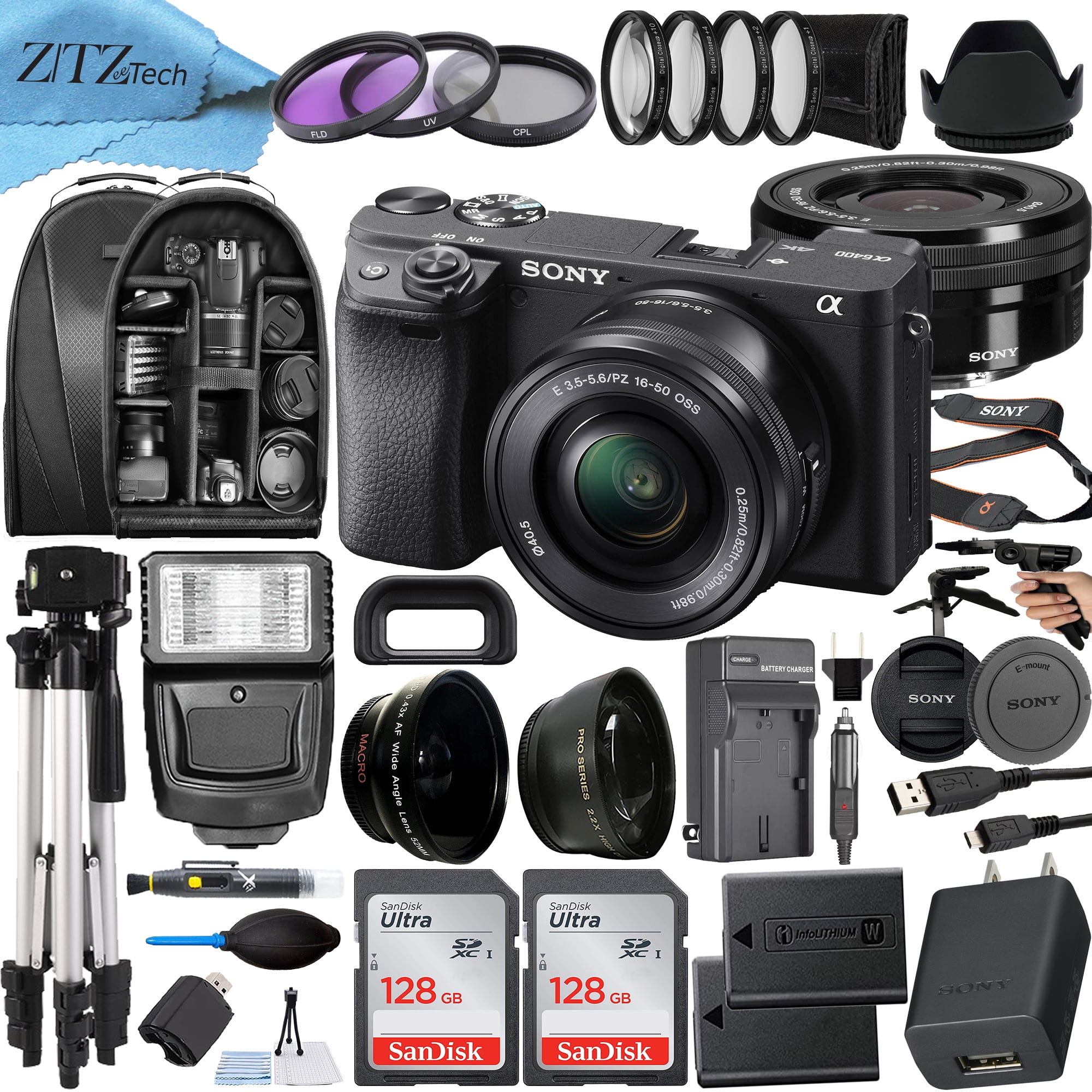 Sony Alpha a6400 Mirrorless Digital Camera with 16-50mm Lens + 2 Pack  SanDisk 128GB Card + Backpack + ZeeTech Accessory Bundle