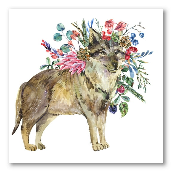 Wolf With Woodland Flowers On White 16 in x 16 in Painting Canvas Art Print, by Designart