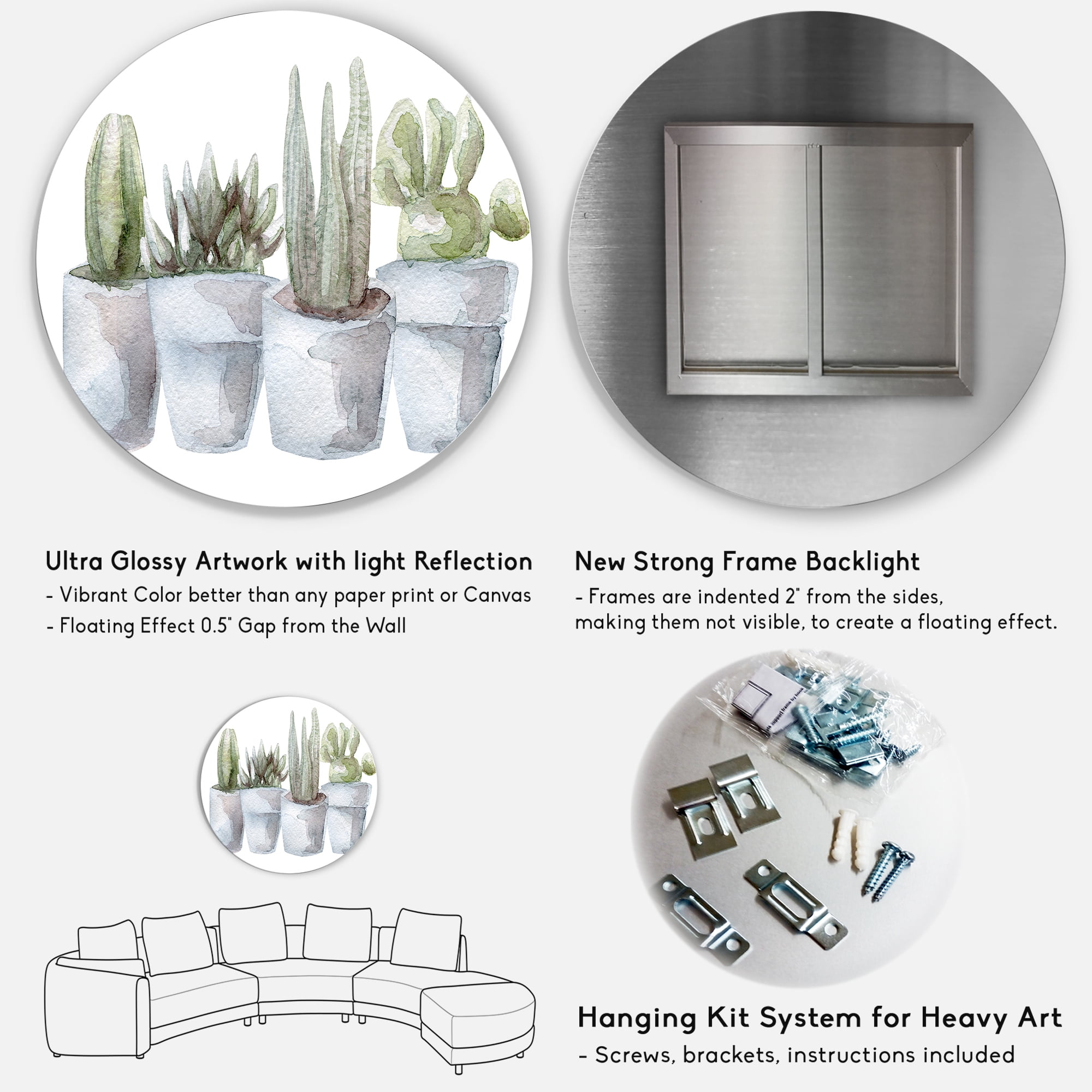 Designart 'Succulent and Cactus House Plants V' Farmhouse Circle Metal Wall Art 36x36 - Disc of 36