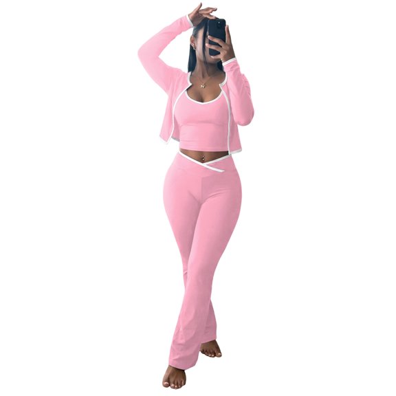 Women's 3 Piece Workout Outfit Cropped Jacket Tank Top Flare Pants Soft Stretch Tummy Control High Waist Athletic Loungewear Set for Gym Daily Streetwear Pink 2XL