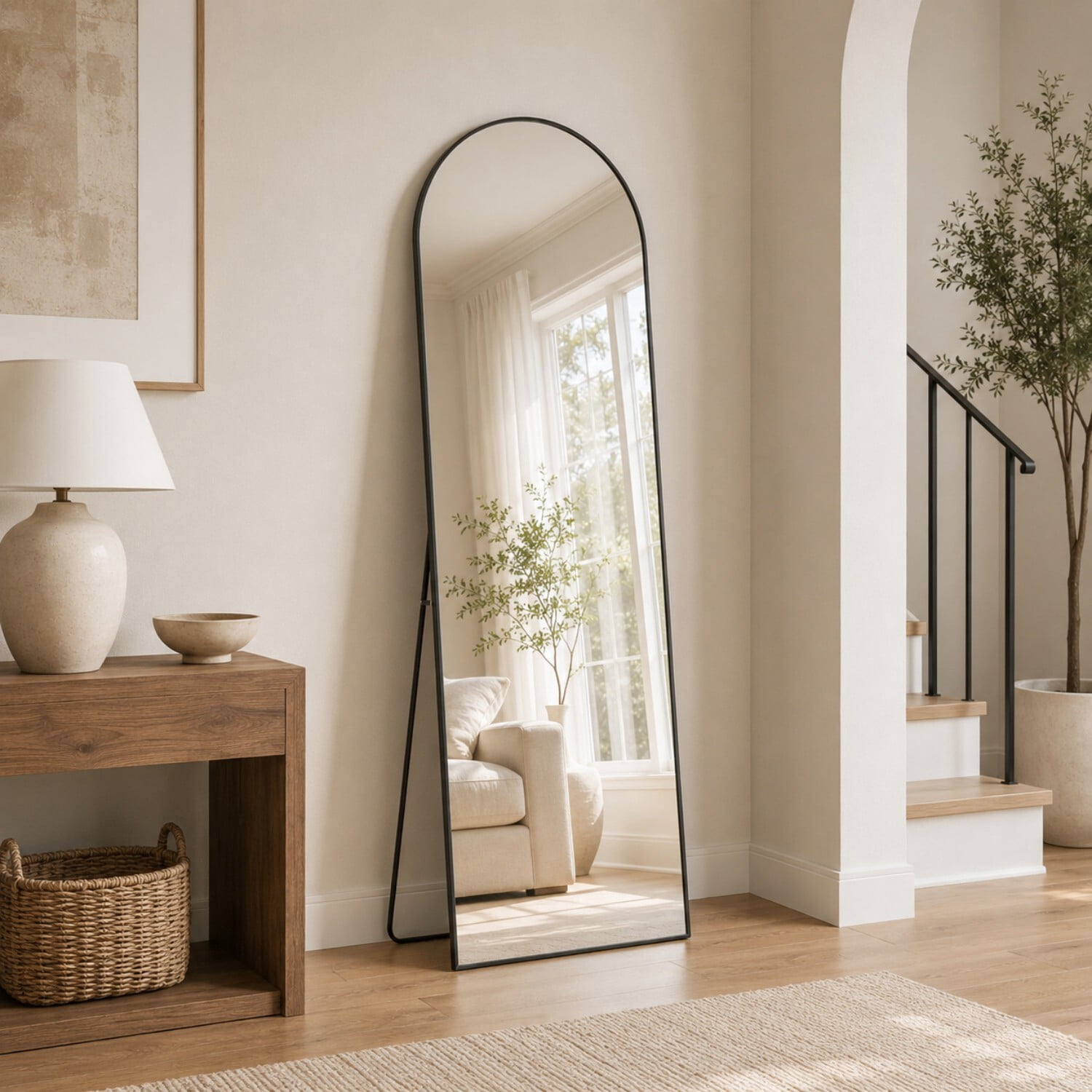Easy4Home 56"x15" Arched Full Length Mirror Freestanding Full Body Floor Mirror, Black