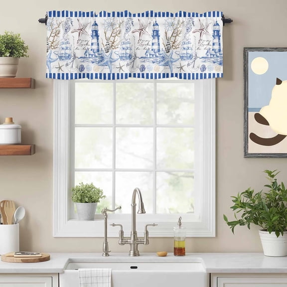 Starfish Nautical Anchor Shell Boat Valances for Windows,Rod Pocket Valance for Kitchen Bedroom Bathroom Living Room,Lighthouse Vintage Blue Stripe Window Valance Curtain Short Curtains 54x18in