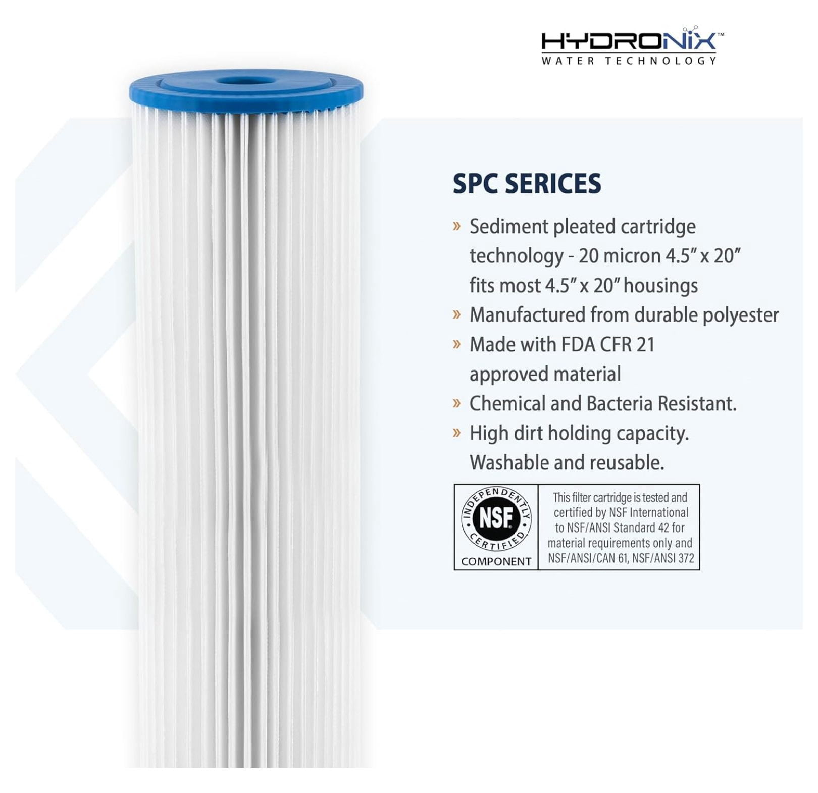 (6 Pack) SPC-45-2020 Pleated Water Filter Whole House Industrial Washable and Reusable 4.5" x 20" - 20 micron