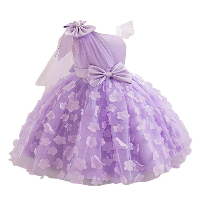 Robe pour Fillette Robe de Princesse pour Fillette Robe de Fête Premier Anniversaire avec Broderie de Fleurs 3D Robe Ado Fille Violet 9 Ans-10 Ans