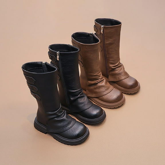 Juebong Boys Girls Mid Calf Boots Fall Winter Toddler Kids Tall Riding Combat Boots with Side Zipper Brown,27