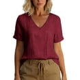 thumbnail image 2 of ClodeEU Women's Linen Blend V Neck Short Sleeve T-Shirt,Solid Color Casual Top Wine,Womens Plus XL, 2 of 7