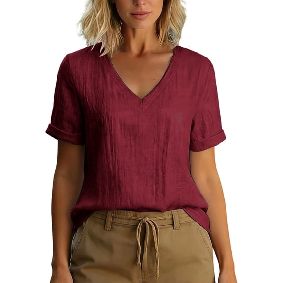 hotojiny Summer Tops for Women Trendy Rolled Short Sleeve Tshirts Breathable V Neck Loose Fit Tee Fashion Clothing