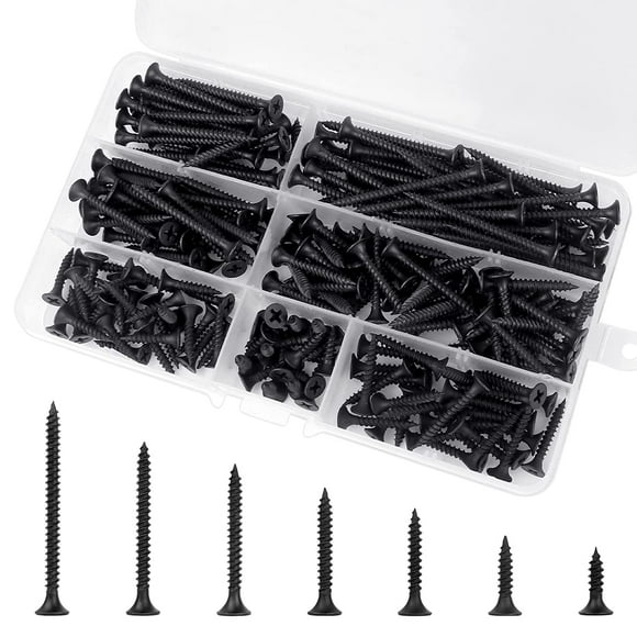 shiyou-230PCS M3.5 Self Tapping Screws Countersunk, Phillips Pan Head Wood Screws Flat Head Socket Cap Drywall Screws Wafer Head with a Storage Box (7 Sizes, Black)