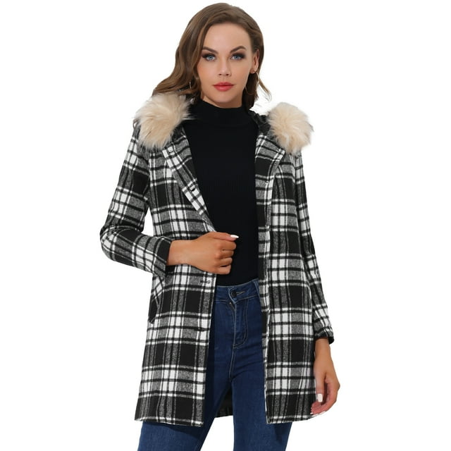 INSPIRE CHIC Abrigo de invierno de un solo pecho para mujer Gabardina larga a cuadros con capucha Blanco Negro S