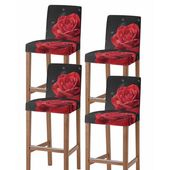 Red Rose Bar Stool Covers Set of 4, Abstract Spring Flowers Vintage Black Stretch Washable Bar Chair Covers with Backs, Removable Pub Counter Height Chair Cover for Kitchen Dining Room Cafe