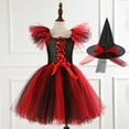 thumbnail image 2 of IUYRTFE Big Kids Girls Halloween Color Block Witch Dress Short Sleeve Tulle Gown with Hat C-osplay Role Play Party Outfit 3-12 Years(Red,4-5 Years), 2 of 3