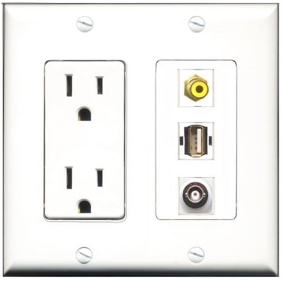 RiteAV - 15 Amp Power Outlet 1 Port RCA Yellow 1 Port USB A-A 1 Port BNC Decorative Wall Plate