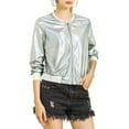 thumbnail image 3 of MODA NOVA Juniors Halloween Costume Casual Stand Collar Metallic Zip Crop Length Bomber Jacket Light Silver XL, 3 of 7