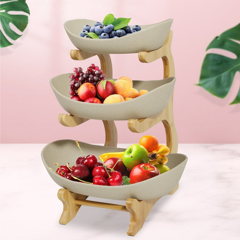 Miumaeov 3 Tier Fruit Basket Bowl Holder Ceramic Wood Kitchen Vegetables Storage Stand Brown