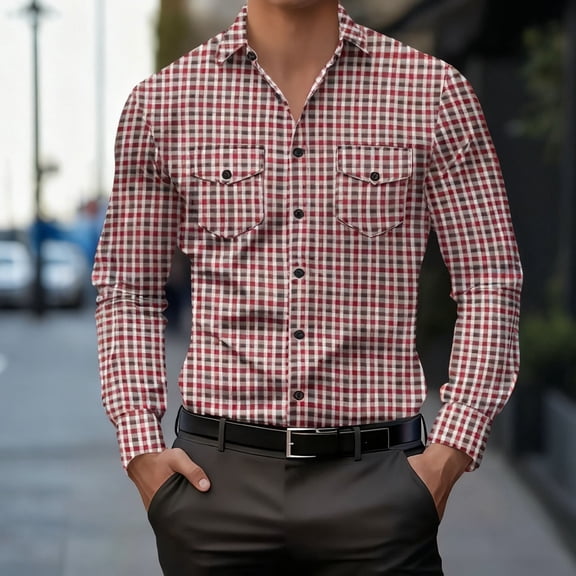 Button Up Shirts for Men with Pockets and Collared Long Sleeve Tshirts Shirt Mens Business Casual Plaid Printed Slim Lapel Office Work Tees Tops