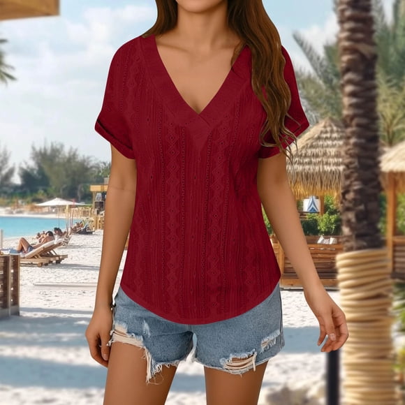 TaTaai Womens Casual Retro Jacquard Knit Solid V-Neck Short Sleeve Blouse Soft Breathable Fashion Daily Commute Wear Top Gift