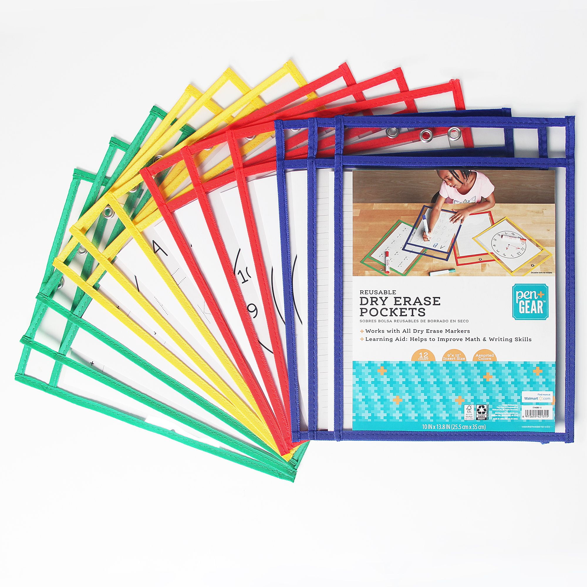 Pen+Gear Reusable Dry Erase Pockets, File Folders, Assorted Colors, 12