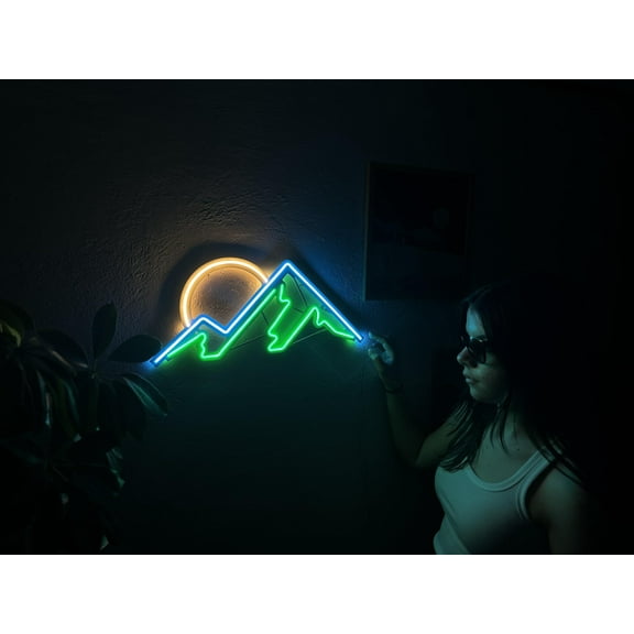 Mountain Metal Neon Sign, Mountain Neon Wall Decor, LED Mountain Sign, Rising Sun Neon Wall Sign, Landscape Neon Lights,Mountain Sunset Neon Sign, Neon signs for Room (Without Remote Control)
