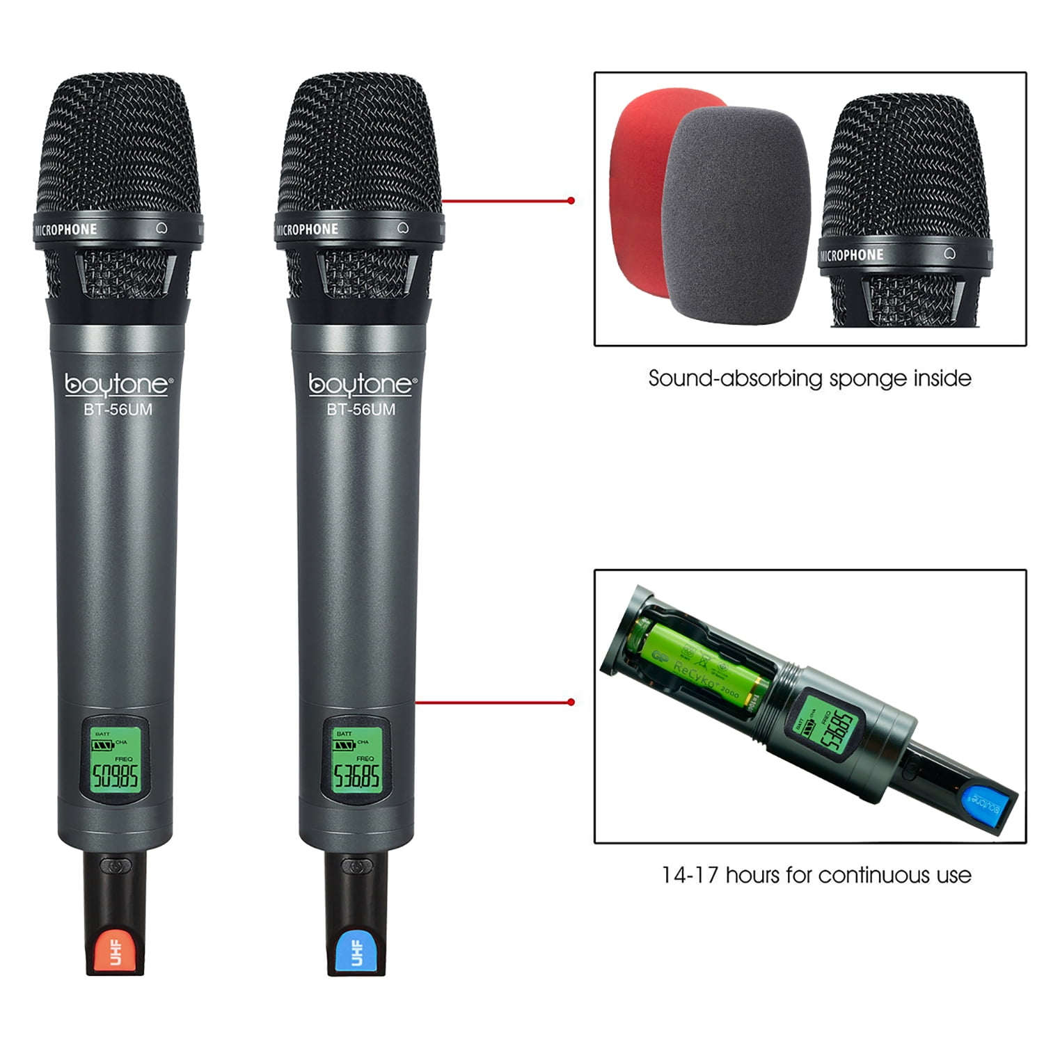 Boytone BT-56UM 120-Channel Dynamic Dual UHF Wireless Microphone System, Metal Cordless Mic and Base Set, Long Distance 200-240 Ft, 16 Hours Continuous Use for Concert, Studio, Party, Church, Karaoke