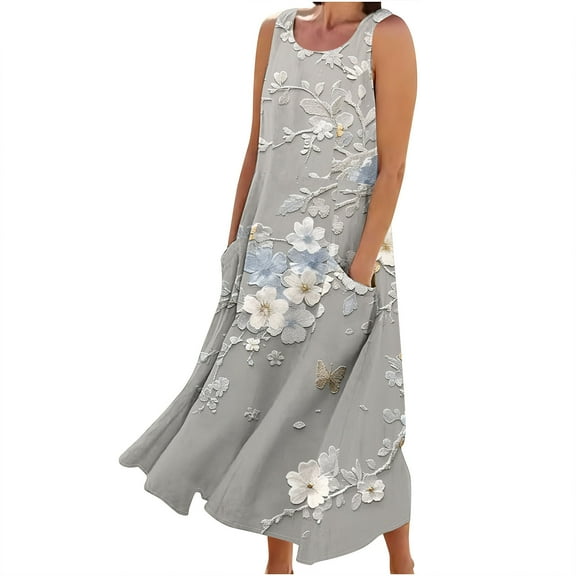 Giftesty Summer Dresses for Women Deals Women's Sleeveless Cotton and Linen Round Neck Printed Long Dress with Pocket