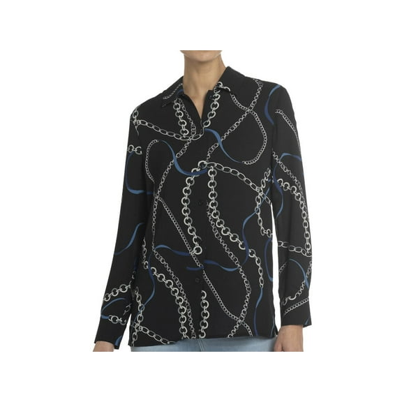 Chelsea & Theodore Womens Size Small Long Sleeve Printed Button Up Fashion Blouse Top, Navy Chain Link Print