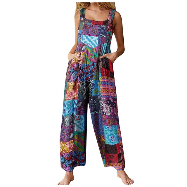 mono con botones estampado de patchwork de estilo étnico de moda para mujer con pantalones de tirantes azul / 3xl
