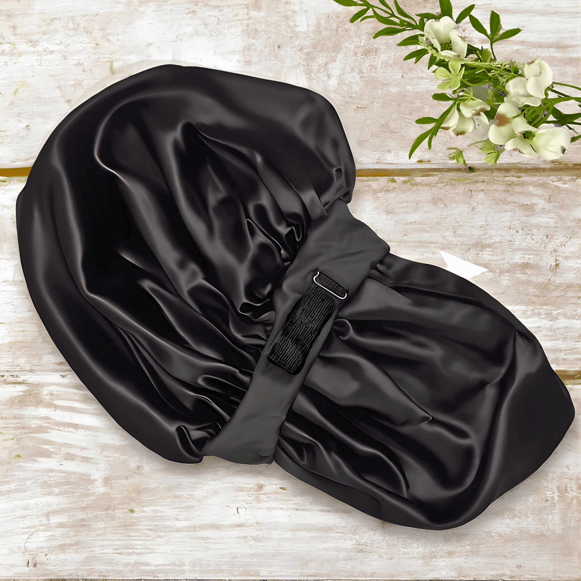 Unisex Frizz-Free Moisture Retention Charmeuse Silk Satin Sleep Hair Bonnet, Black