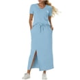 thumbnail image 3 of Bovxnpu Women Skirt Set Casual Office Outfits 2 Piece V Neck Short Sleeve Top High Waisted Slit Skirts, 3 of 8