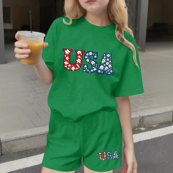 Mifsaly Kids Girls 4Th Of July 2 Piece Outfits Patriotic Sunflower American Flag Print T-Shirts and Shorts Casual independence Day Clothes