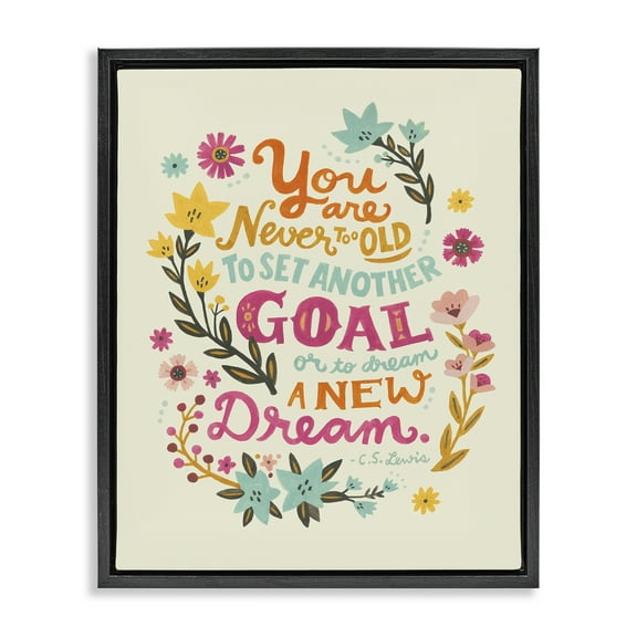 Stupell Industries Never Too Old Inspiring Quote Plants & Flowers Painting Black Floater Framed Canvas Art Print Wall Art, 17 x 21