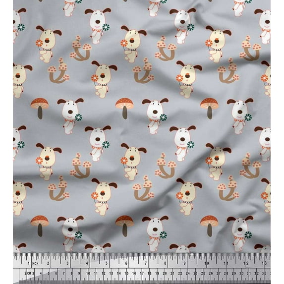 Soimoi Cotton Duck Fabric Mushroom & Dog Kids Decor Fabric Printed Yard 42 Inch Wide
