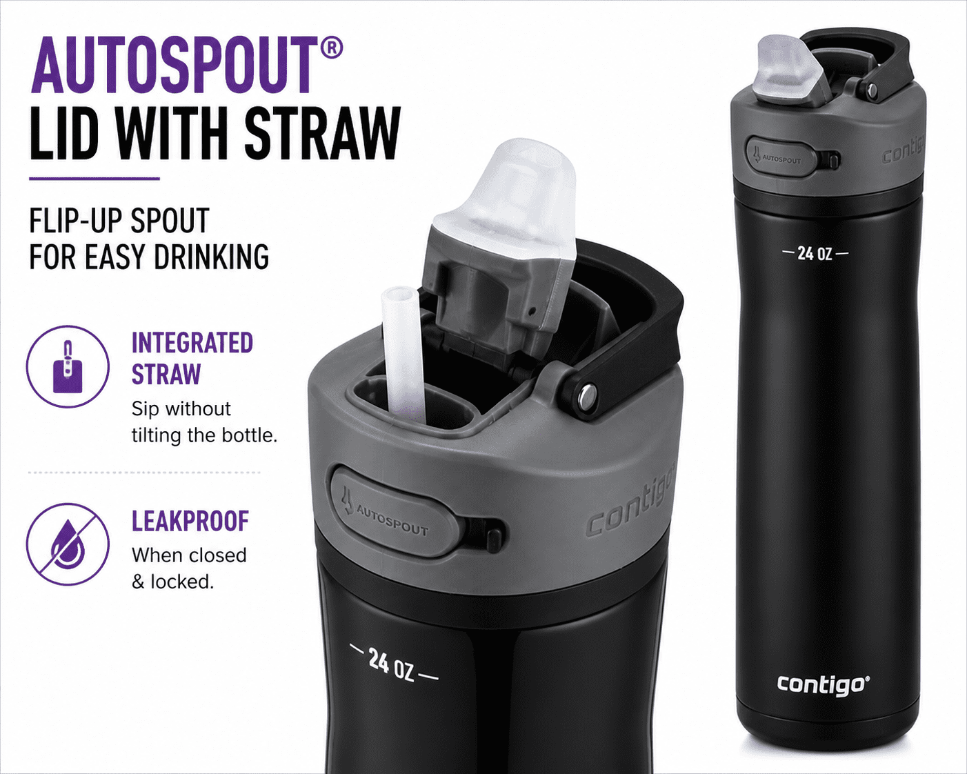 Contigo® Ashland Chill 2.0 Stainless Steel Water Bottle with AUTOSPOUT® Lid & Straw, 24 oz – 2-Pack (Black & Pansy Purple), Leakproof, Insulated, BPA-Free