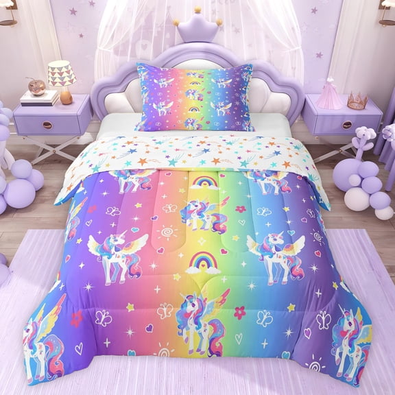 jejeloiu Kawaii Cartoon Unicorn Twin Comforter Sets,Abstract Rainbow Stripe Bedding Set For Girls Teens Reversible 2-Piece