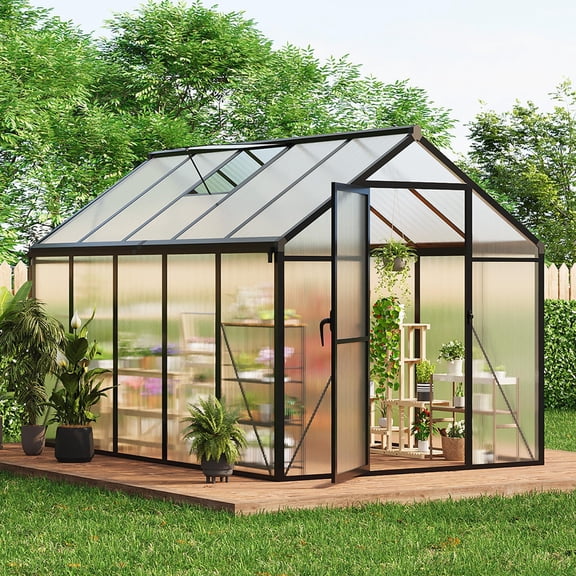 6x10 FT Easy Assembly Aluminum Polycarbonate Greenhouse with roof vent and ground nails, sturdy outdoor planting enclosure for backyard garden use in black aluminum frame
