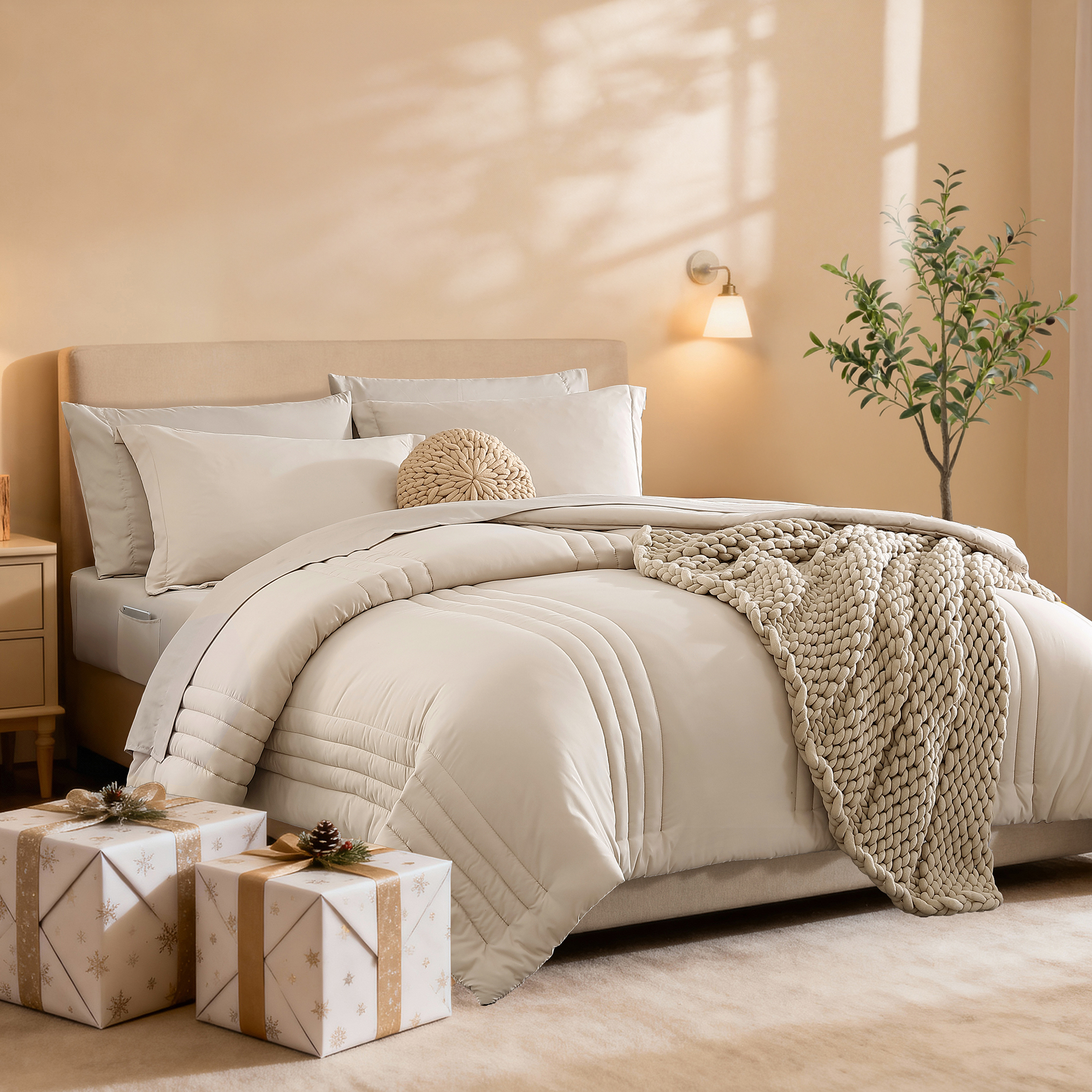 Amberspace 7-piece Bed in a Bag Comforter Set with Sheets,Beige,Queen