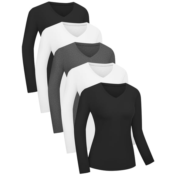 Kinglaman Pack de 5 camisetas de mujer entalladas con cuello en V y manga larga