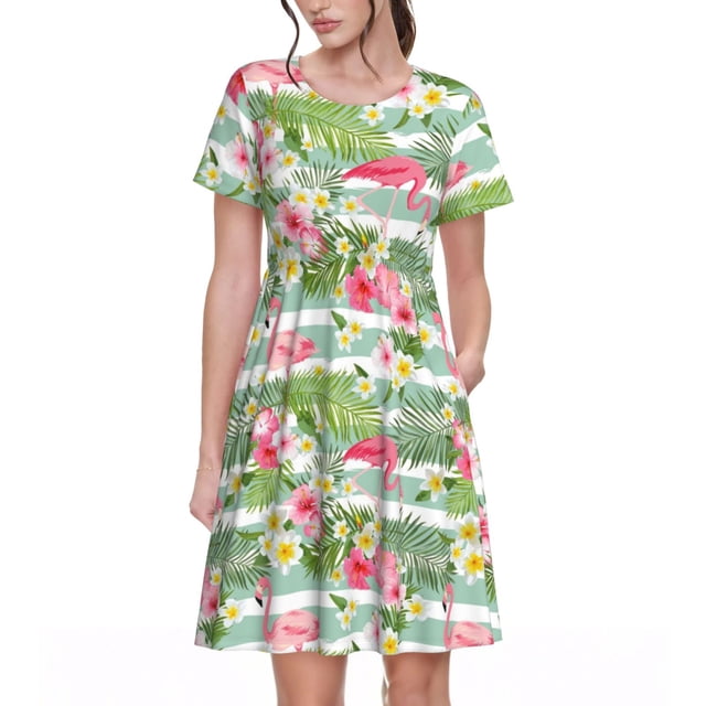 Balery Tropical Flamingo Vestidos sueltos de manga corta para mujer, vestidos de verano 2025, vestidos casuales de corte A con vuelo.