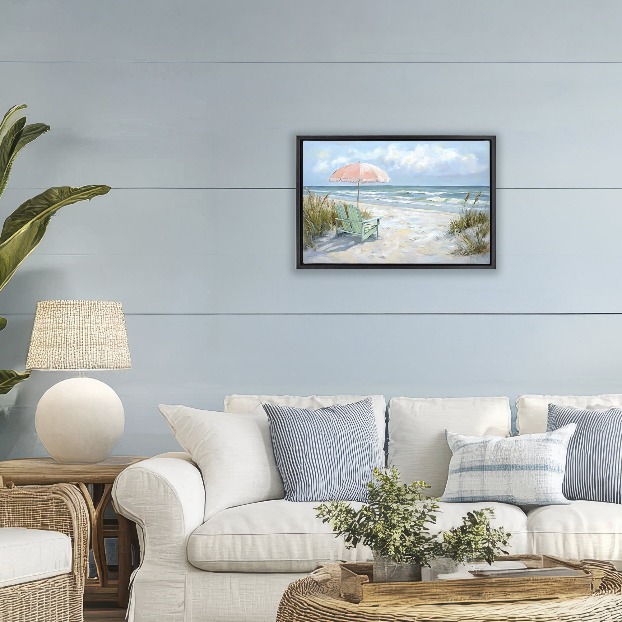 Stupell Industries Seaside Chair & Pink Umbrella Black Framed Floater Canvas Wall Art, design by Creative Studio