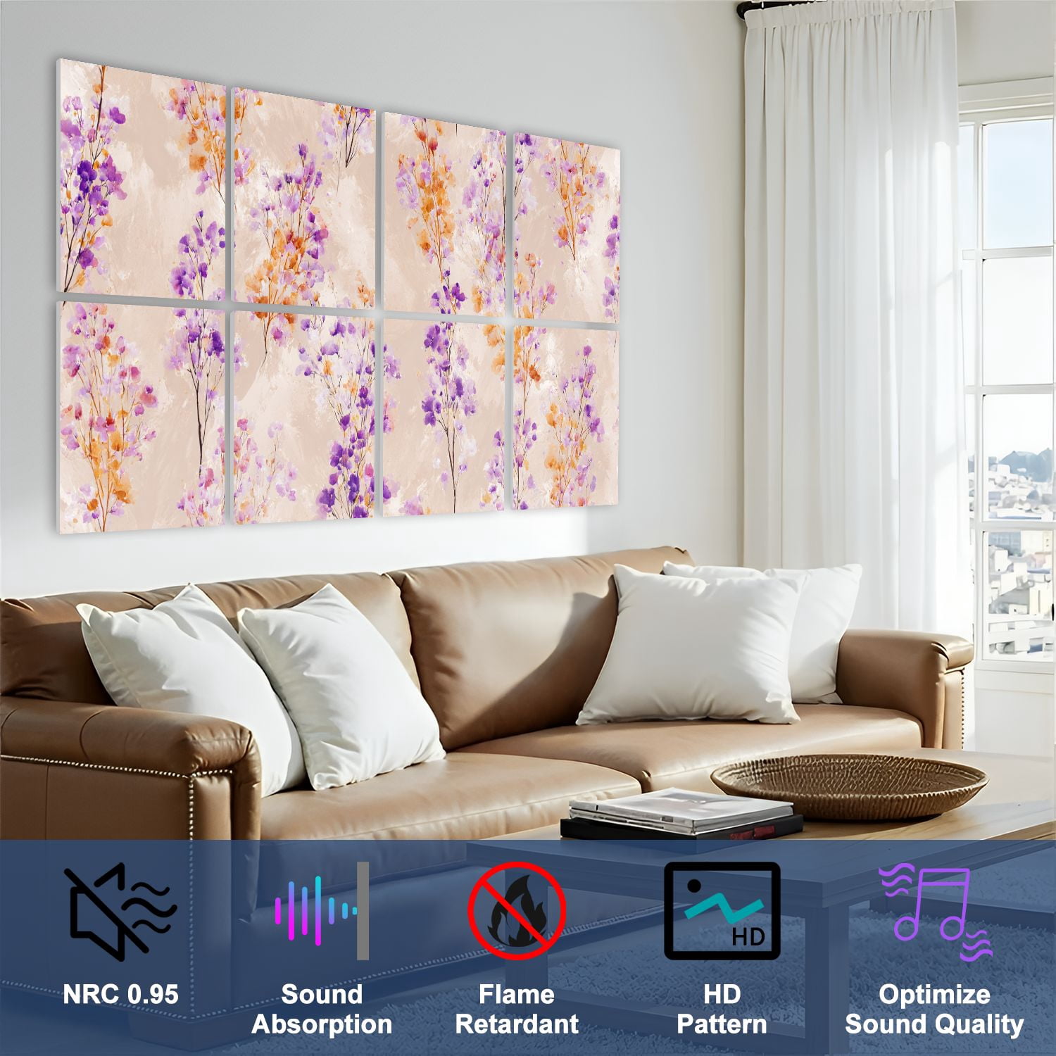 8 Pack Art Acoustic Panels Sound Absorbing Purple Orange Floral Watercolor Effect Beige Decorative Soundproof Wall Panels Self Adhesive for Nursery Game Room Bedroom 48"x32"